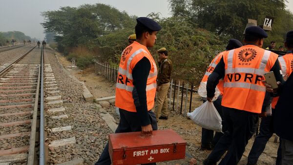 Members of the National Disaster Response Force (NDRF) direct operations near the crash site of a chartered army plane close to the main airport in New Delhi on December 22, 2015 - Sputnik International