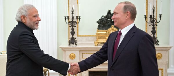 Russian President Vladimir Putin, right, meets with Indian Prime Minister Narendra Modi at the Moscow Kremlin Russian President Vladimir Putin, right, meets with Indian Prime Minister Narendra Modi at the Moscow Kremlin - Sputnik International