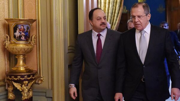 From left: Minister of Foreign Affairs of Qatar Khalid bin Mohammad Al Attiyah and Russian Foreign Minister Sergei Lavrov before the talks in Moscow - Sputnik International