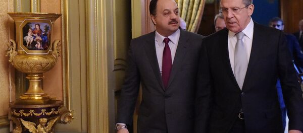 From left: Minister of Foreign Affairs of Qatar Khalid bin Mohammad Al Attiyah and Russian Foreign Minister Sergei Lavrov before the talks in Moscow - Sputnik International