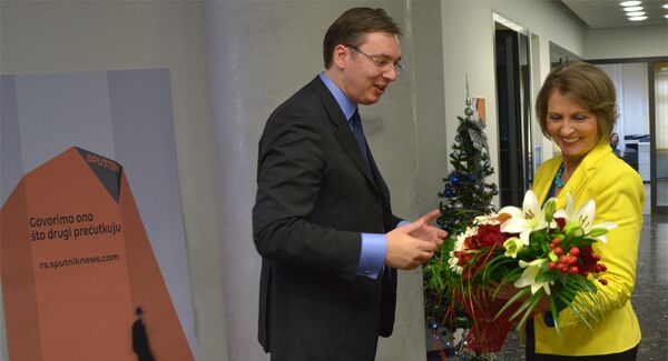 Serbian Prime Minister Alexander Vucic meeting Sputnik Serbia's chief editor Lyubinka Milincic. Vucic met with journalists and wished the agency a happy new year and successful 2016. Serbian Prime Minister Alexander Vucic meeting Sputnik Serbia's chief editor Lyubinka Milincic. Vucic met with journalists and wished the agency a happy new year and successful 2016. - Sputnik International