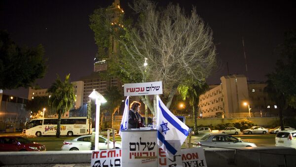 An Israeli activist hands out signs prior to a protest against an investigation into the funding of a number of left-wing NGO's in Israel - Sputnik International