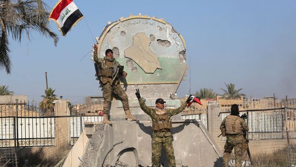 A member of the Iraqi security forces holds an Iraqi flag at a government complex in the city of Ramadi, December 28, 2015 - Sputnik International