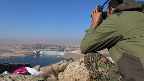 A fighter from the Democratic Forces of Syria takes an overwatch position at the top of Mount Annan overlooking the Tishrin dam, after they captured it on Saturday from Islamic State militants, south of Kobani, Syria December 27, 2015 - Sputnik International