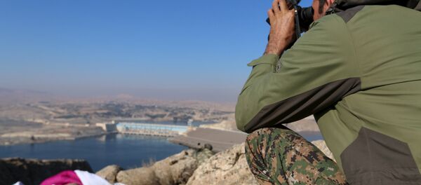 A fighter from the Democratic Forces of Syria takes an overwatch position at the top of Mount Annan overlooking the Tishrin dam, after they captured it on Saturday from Islamic State militants, south of Kobani, Syria December 27, 2015 - Sputnik International
