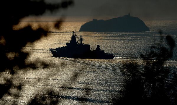 The Varyag guided missile cruiser, one of the Pacific Fleet vessels heading for maneuvers in the Indian Ocean, seen in the Eastern Bosphorus Strait - Sputnik International