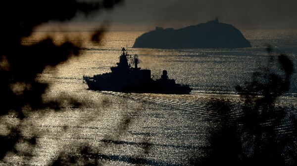 The Varyag guided missile cruiser, one of the Pacific Fleet vessels heading for maneuvers in the Indian Ocean, seen in the Eastern Bosphorus Strait - Sputnik International