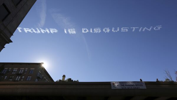 Skywriting over the 127th Rose Parade makes a reference to U.S. Republican presidential candidate Donald Trump, in Pasadena, California January 1, 2016 - Sputnik International