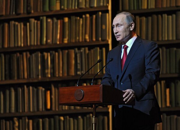 Russian President Vladimir Putin speaks at the ceremony closing the Year of Literature and opening the Year of Cinema at the State Academic Mariinsky Theater's Second Stage, December 14, 2015 Russian President Vladimir Putin speaks at the ceremony closing the Year of Literature and opening the Year of Cinema at the State Academic Mariinsky Theater's Second Stage, December 14, 2015 - Sputnik International
