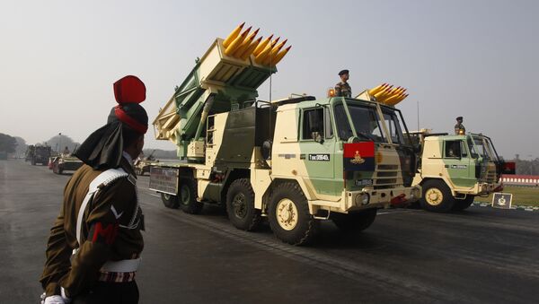 India's Pinaka 214 mm Multi Barrel Rocket Launcher System is displayed during army day parade, in New Delhi, India, Sunday, Jan. 13, 2013 - Sputnik International