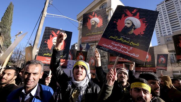 Iranian protesters chant slogans as they hold pictures of Shi'ite cleric Sheikh Nimr al-Nimr during a demonstration against the execution of Nimr in Saudi Arabia, outside the Saudi Arabian Embassy in Tehran January, 3, 2016 - Sputnik International