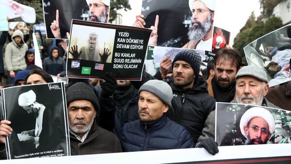 Iranian and Turkish demonstrators hold pictures of Shiite cleric Sheikh Nimr al-Nimr as they protest outside the Saudi Embassy in Ankara, on January 3, 2016, to protest against the execution by Saudi Arabia of a prominent Shiite cleric which they saw as a deliberate sectarian aggression - Sputnik International