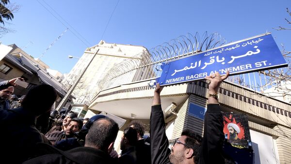 An Iranian protester holds up a street sign with the name of Shi'ite cleric Sheikh Nimr al-Nimr during a demonstration against the execution of Nimr in Saudi Arabia, outside the Saudi Arabian Embassy in Tehran January, 3, 2016 - Sputnik International