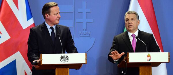 Hungarian Prime Minister Viktor Orban (R) and his British counterpart David Cameron (L) attend a press conference in Budapest Hungarian Prime Minister Viktor Orban (R) and his British counterpart David Cameron (L) attend a press conference in Budapest - Sputnik International
