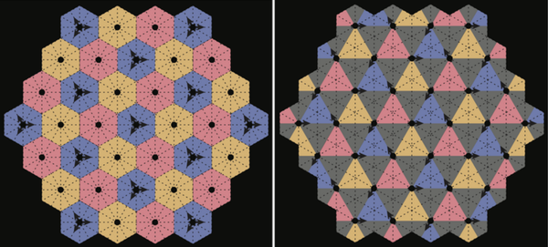 Dance diagram for math geeks. In these two-dimensional choreographic crystals, the arrows show directions of particles, arrayed initially on a triangular lattice, that move in straight lines from blue to yellow to pink Dance diagram for math geeks. In these two-dimensional choreographic crystals, the arrows show directions of particles, arrayed initially on a triangular lattice, that move in straight lines from blue to yellow to pink - Sputnik International