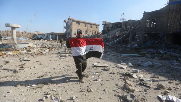 A member of the Iraqi security forces holds his national flag on December 28, 2015 at the heavily damaged government complex after they recaptured the city of Ramadi, the capital of Iraq's Anbar province, about 110 kilometers west of Baghdad, from Islamic States group jihadists - Sputnik International