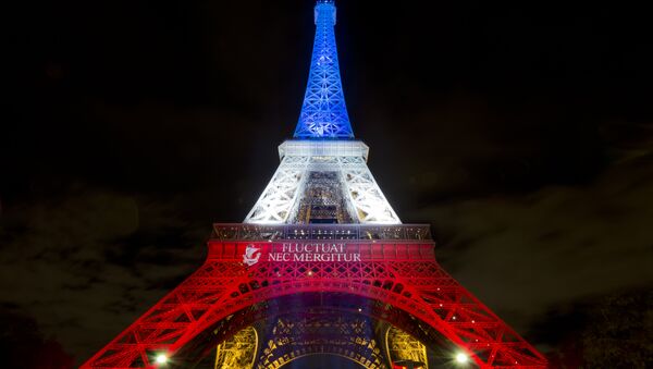 A photo taken on November 17, 2015 in Paris shows the Eiffel Tower illuminated with the colors of the French national flag in tribute to the victims of the November 13 Paris terror attacks. - Sputnik International
