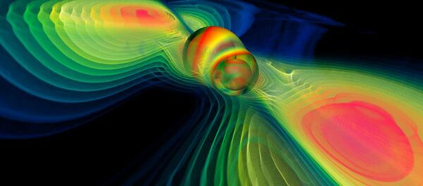 Numerical simulation of two merging black holes performed by the Albert Einstein Institute in Germany: what this rendition shows through colors is the degree of perturbation of the spacetime fabric, the so-called gravitational waves - Sputnik International