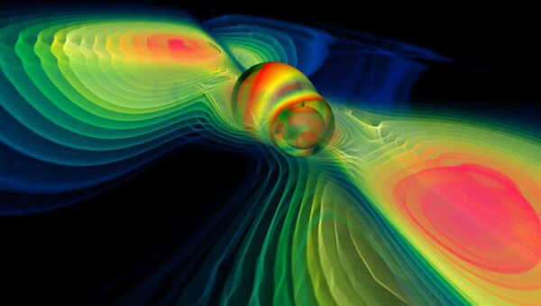 Numerical simulation of two merging black holes performed by the Albert Einstein Institute in Germany: what this rendition shows through colors is the degree of perturbation of the spacetime fabric, the so-called gravitational waves - Sputnik International