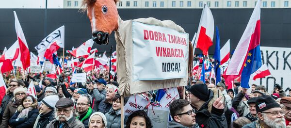 People wave European and Polish flags as they take part in a protest against a new media law in the center of Warsaw on January 9, 2016. People wave European and Polish flags as they take part in a protest against a new media law in the center of Warsaw on January 9, 2016. - Sputnik International