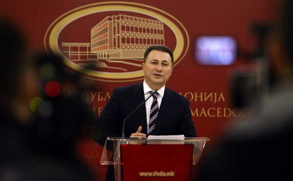 Macedonian Prime Minister Nikola Gruevski announces his resignation in front of the media, at the Government building in Skopje, Macedonia, Thursday, Jan. 14, 2016. Macedonian Prime Minister Nikola Gruevski announces his resignation in front of the media, at the Government building in Skopje, Macedonia, Thursday, Jan. 14, 2016. - Sputnik International