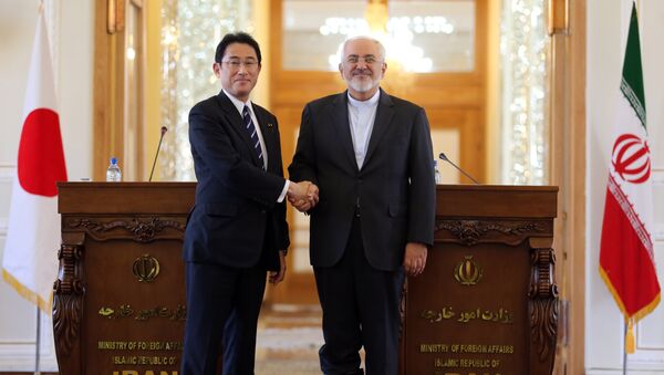Iranian Foreign Minister Mohammad Javad Zarif (R) shakes hands with his Japanese counterpart, Fumio Kishida (Fille) - Sputnik International