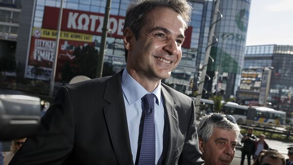 Newly elected leader of Greece's conservative New Democracy party Kyriakos Mitsotakis arrives at the party's headquarters, a day after winning the party elections, in Athens, Greece January 11, 2016 - Sputnik International