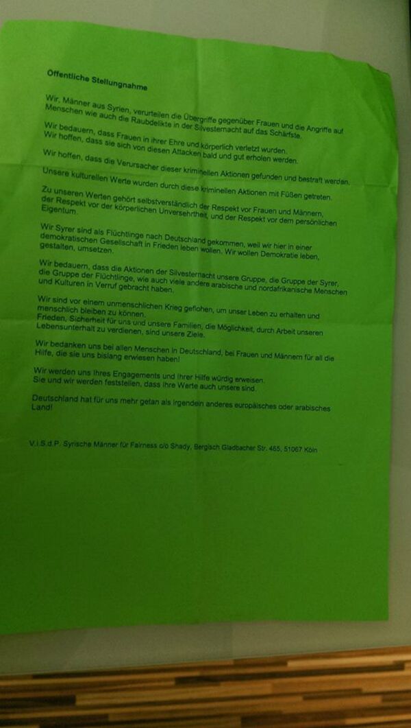 A flyer handed out by yound Syrians at the entrance to the university cafeteria in Cologne. A flyer handed out by yound Syrians at the entrance to the university cafeteria in Cologne. - Sputnik International