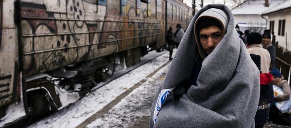 A migrant wrapped in a blanket to keep warm, waits with other migrants and refugees to board a train heading to the border with Croatia at the train station in Presevo, on January 19, 2016, after crossing the Macedonian border into Serbia - Sputnik International
