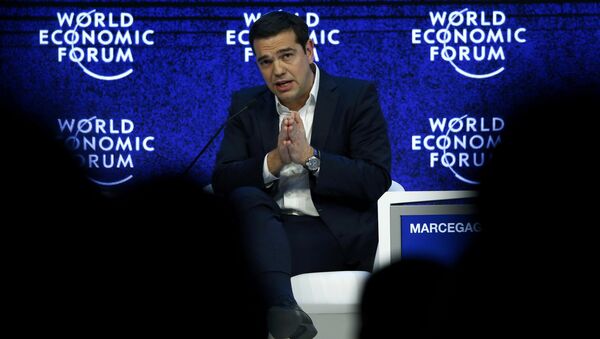 Greek Prime Minister Alexis Tsipras gestures during the session 'The Future of Europe' at the annual meeting of the World Economic Forum (WEF) in Davos, Switzerland January 21, 2016. - Sputnik International