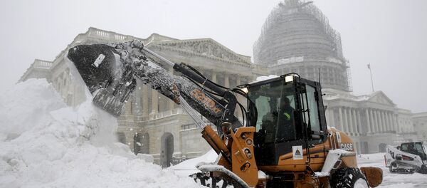 A Capitol Hill employee uses a heavy earth moving machine to clear snow during a winter storm in Washington January 23, 2016. A winter storm dumped nearly 2 feet (58 cm) of snow on the suburbs of Washington, D.C., on Saturday before moving on to Philadelphia and New York, paralyzing road, rail and airline travel along the U.S. East Coas A Capitol Hill employee uses a heavy earth moving machine to clear snow during a winter storm in Washington January 23, 2016. A winter storm dumped nearly 2 feet (58 cm) of snow on the suburbs of Washington, D.C., on Saturday before moving on to Philadelphia and New York, paralyzing road, rail and airline travel along the U.S. East Coas - Sputnik International
