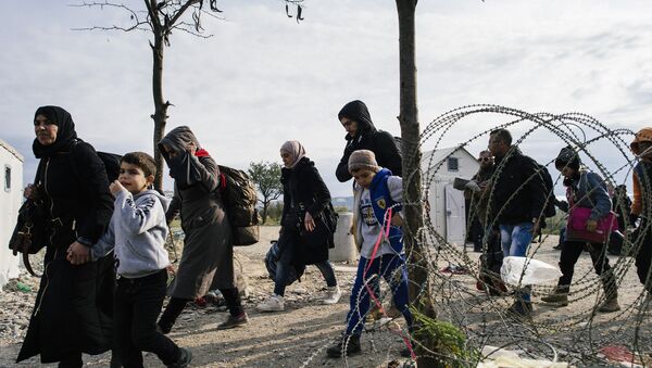 Migrants and refugees cross the Greek-Macedonian border near Gevgelija on November 15, 2015 - Sputnik International