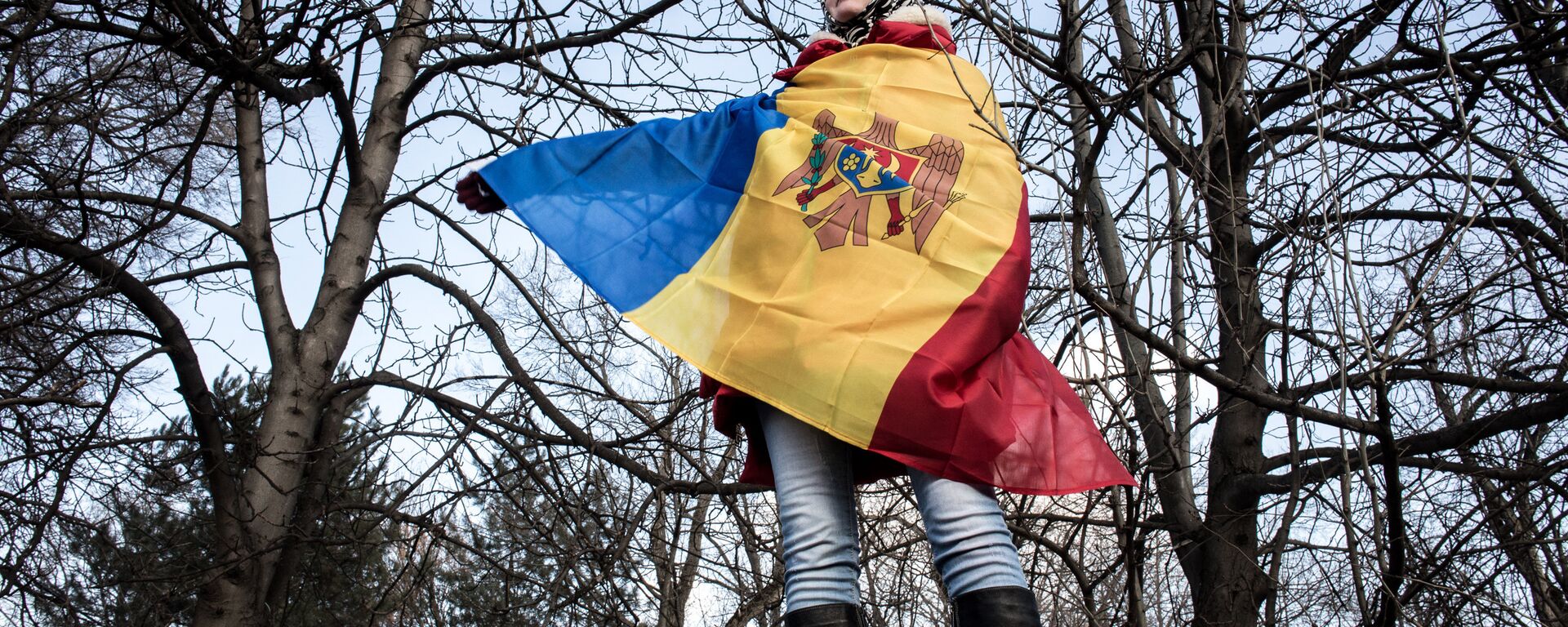 A participant in an opposition rally in Chisinau wrapped in Moldova's national banner - Sputnik International, 1920, 04.05.2025