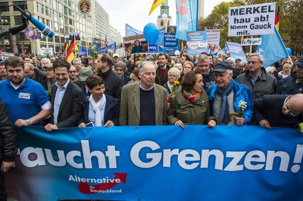 Frauke Petry (3rd, L), chairman of the right-wing populist Alternative for Germany (AfD) party, and the AfD's leading politician Alexander Gauland (4th, L) hold a banner reading Asylum needs limits during a demonstration against the German government's asylum policy organized by the AfD party in Berlin on November 7, 2015. Frauke Petry (3rd, L), chairman of the right-wing populist Alternative for Germany (AfD) party, and the AfD's leading politician Alexander Gauland (4th, L) hold a banner reading Asylum needs limits during a demonstration against the German government's asylum policy organized by the AfD party in Berlin on November 7, 2015. - Sputnik International