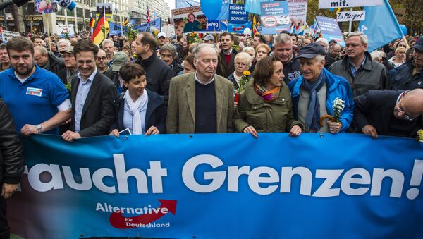 Frauke Petry (3rd, L), chairman of the right-wing populist Alternative for Germany (AfD) party, and the AfD's leading politician Alexander Gauland (4th, L) hold a banner reading Asylum needs limits during a demonstration against the German government's asylum policy organized by the AfD party in Berlin on November 7, 2015. - Sputnik International
