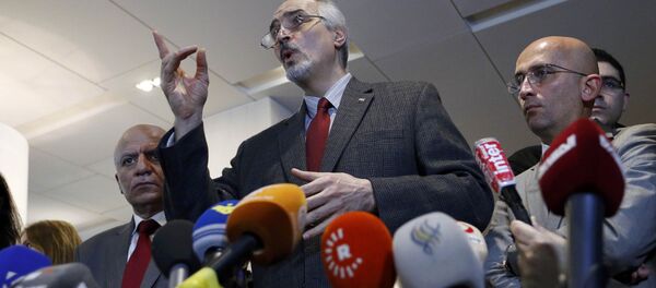 Syrian Ambassador to the U.N. Bashar al Jaafari (C) attends a news conference during the Geneva peace talks in Geneva, Switzerland January 31, 2016 Syrian Ambassador to the U.N. Bashar al Jaafari (C) attends a news conference during the Geneva peace talks in Geneva, Switzerland January 31, 2016 - Sputnik International