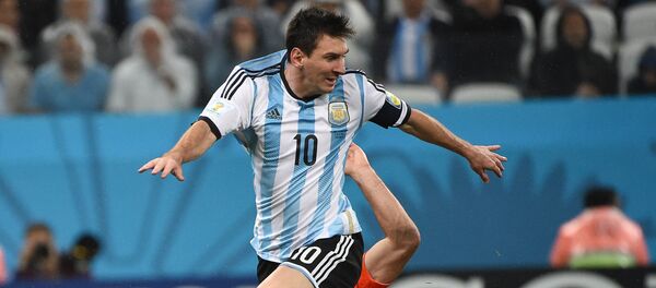 Argentina's Lionel Messi (top) during a semifinal game of the 2014 FIFA World Cup between Netherlands and Argentina at the Arena Corinthians in Sao Paulo. (File) Argentina's Lionel Messi (top) during a semifinal game of the 2014 FIFA World Cup between Netherlands and Argentina at the Arena Corinthians in Sao Paulo. (File) - Sputnik International