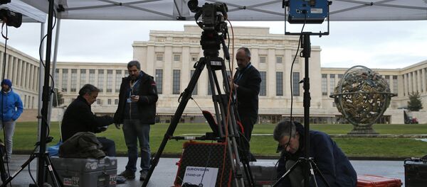 A television crew sets up ahead of the start of Syrian talks in front of the United Nations European headquarters in Geneva, Switzerland, January 29, 2016 A television crew sets up ahead of the start of Syrian talks in front of the United Nations European headquarters in Geneva, Switzerland, January 29, 2016 - Sputnik International