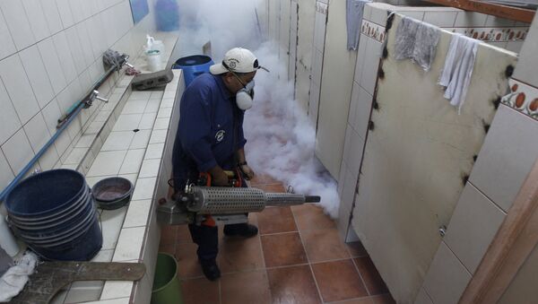 A municipal health worker fumigates the restroom of a school as part of the city's efforts to prevent the spread of the Zika virus vector, the Aedes aegypti mosquito, at the Nueva Suyapa neighbourhood in Tegucigalpa, Honduras, February 3, 2016 - Sputnik International