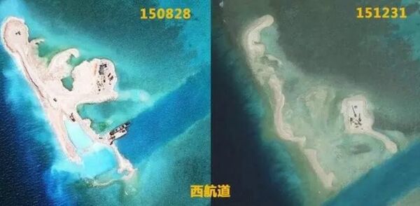  'Reef  Nanhua Jiao in the South China Sea : Before (L) and after (R) the Typhoon Jamine,' the image published by China Youth Network - Sputnik International