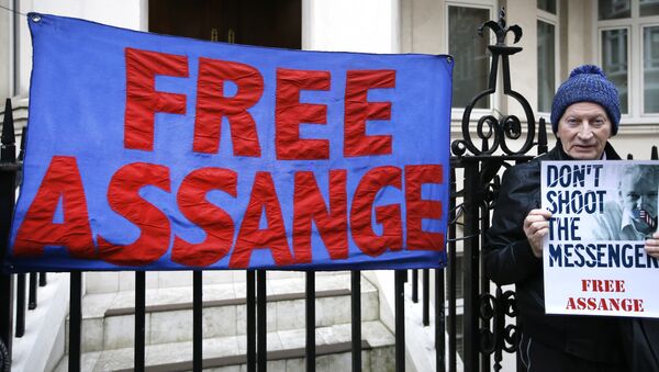A demonstrator holds a banner outside the Ecuadorean Embassy in London, where Wikileaks founder Julian Assange is staying, Thursday, Feb. 4, 2016 - Sputnik International
