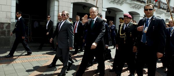 Turkish President Tayyip Erdogan waves next to Ecuador's Foreign Affairs Ricardo Patino while walking into Carondelet Palace in Quito, Ecuador, February 4, 2016 Turkish President Tayyip Erdogan waves next to Ecuador's Foreign Affairs Ricardo Patino while walking into Carondelet Palace in Quito, Ecuador, February 4, 2016 - Sputnik International
