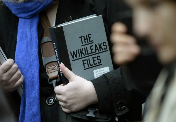 A supporter of WikiLeaks founder julian Assange holds a copy of The WikiLeaks Files outside the Ecuadorian embassy in central London, Britain February 5, 2016 A supporter of WikiLeaks founder julian Assange holds a copy of The WikiLeaks Files outside the Ecuadorian embassy in central London, Britain February 5, 2016 - Sputnik International