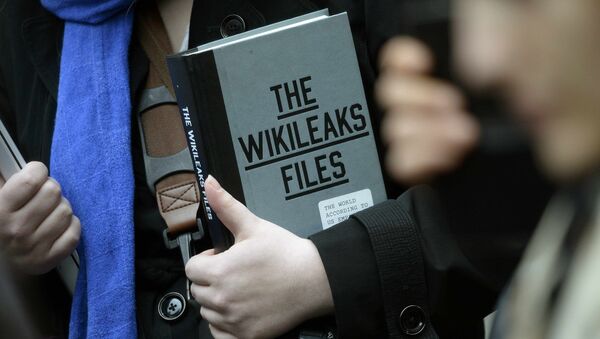A supporter of WikiLeaks founder julian Assange holds a copy of The WikiLeaks Files outside the Ecuadorian embassy in central London, Britain February 5, 2016 - Sputnik International