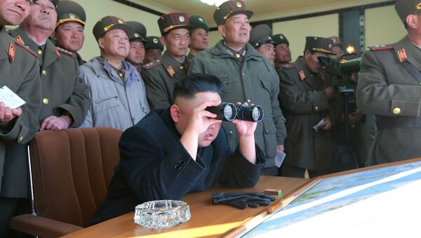 North Korean leader Kim Jong Un uses a pair of binoculars to watch live ammunition firing drills. - Sputnik International