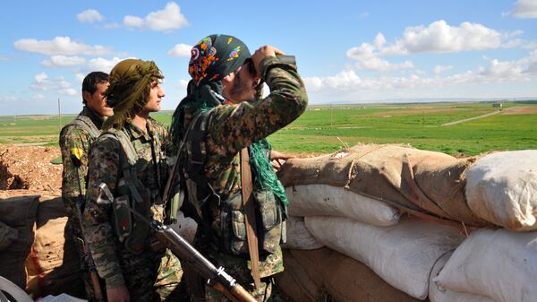 Members of the Kurdish People's Protection Units (YPG) monitor the positions of Islamic State (IS) group in the Syrian town of Ras al-Ain, close to the Turkish border on March 13, 2015 - Sputnik International