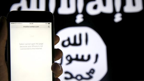 An unloaded Twitter website is seen on a phone without an internet connection, in front of a displayed ISIS flag in this photo illustration in Zenica, Bosnia and Herzegovina, February 3, 2016 - Sputnik International