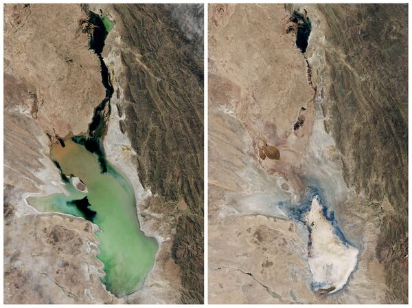 This photo combo of satellite images provided by NASA Earth Observatory shows Lake Poopo filled with water on April, 12, 2013, left, and almost dry on Jan. 15, 2016, right, in Bolivia This photo combo of satellite images provided by NASA Earth Observatory shows Lake Poopo filled with water on April, 12, 2013, left, and almost dry on Jan. 15, 2016, right, in Bolivia - Sputnik International