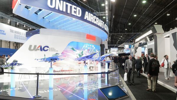 Exhibitor area of the United Aircraft Corporation (UAC) at the 51st International Paris Air Show - Le Bourget 2015 held at Le Bourget Exhibition Centre in France - Sputnik International