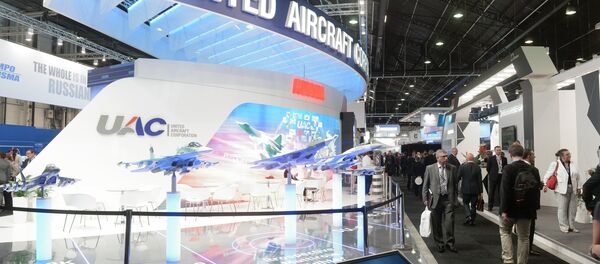 Exhibitor area of the United Aircraft Corporation (UAC) at the 51st International Paris Air Show - Le Bourget 2015 held at Le Bourget Exhibition Centre in France - Sputnik International